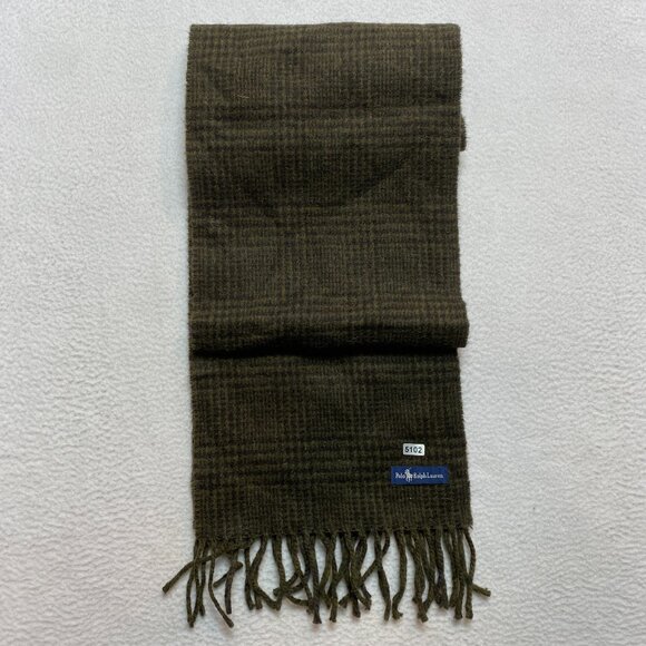 Vintage Polo Ralph Lauren Wool Scarf Reverse Plaid Olive Green Pony Logo